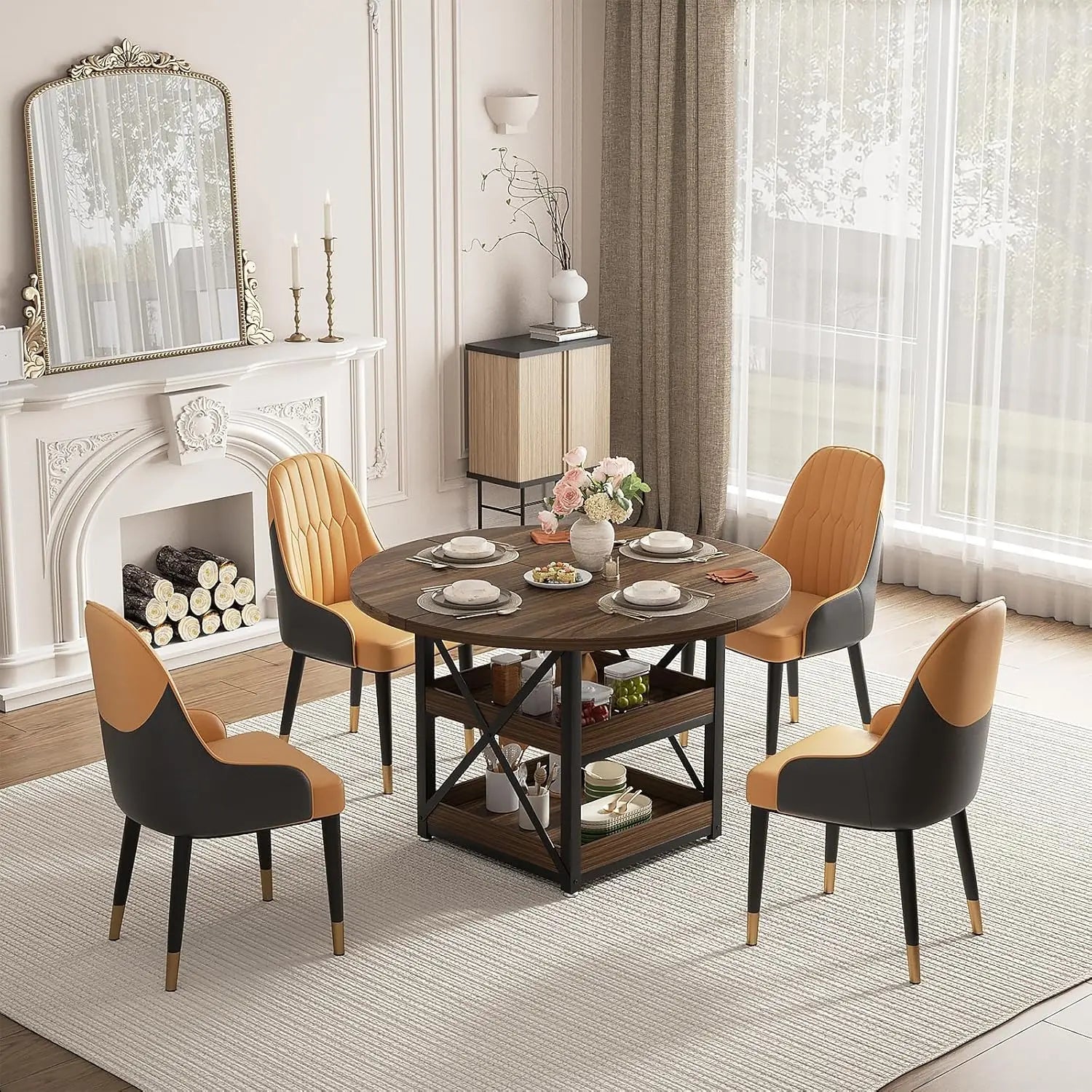 5-Piece Round Dining Table Set for 4 with Storage, Kitchen Table with 4 PU Leather Chairs, Space Saving for, Customized