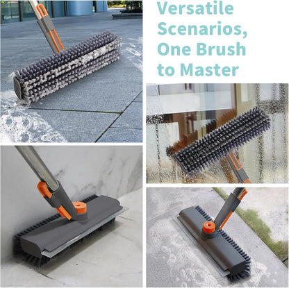 AIR U+ Floor Scrub Brush with Long Handle, 3-in-1 Rotating Head &amp; Squeegee | Stiff Dual-Sided Bristles for Shower, Bathroom, Kitchen and Patio, 30–50 In Handle for Easier Stand-up Cleaning, Gray