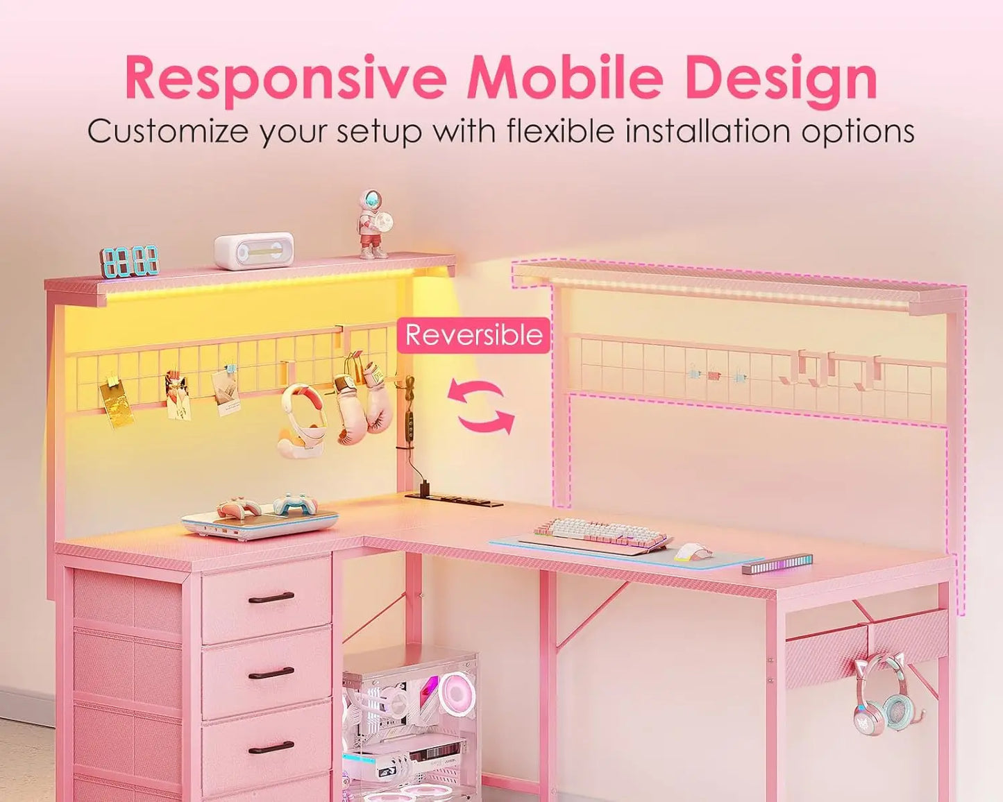 L Shaped Gaming Desk With LED Light Power Outlet Shelves