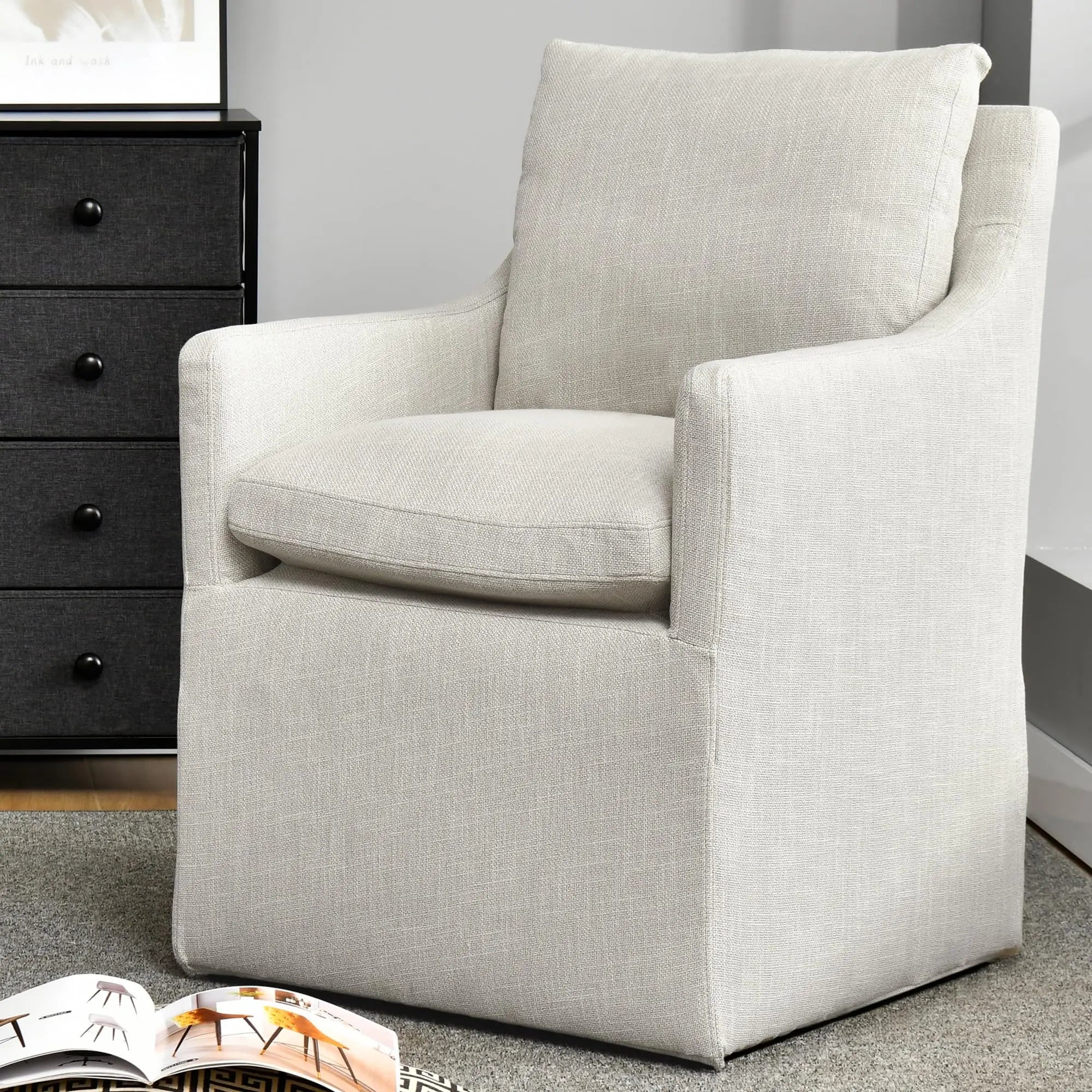DUHOME Linen Upholstered Dining Armchair Single Sofa with 4 Casters Accent Chair for Living Room