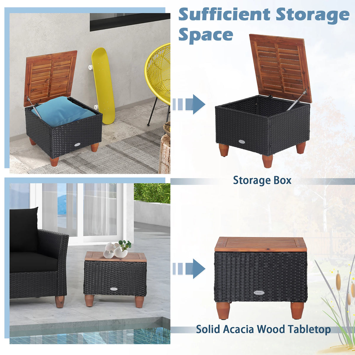 HOMASIS Rattan Conversation Set with Cushioned Sofa and Storage Table