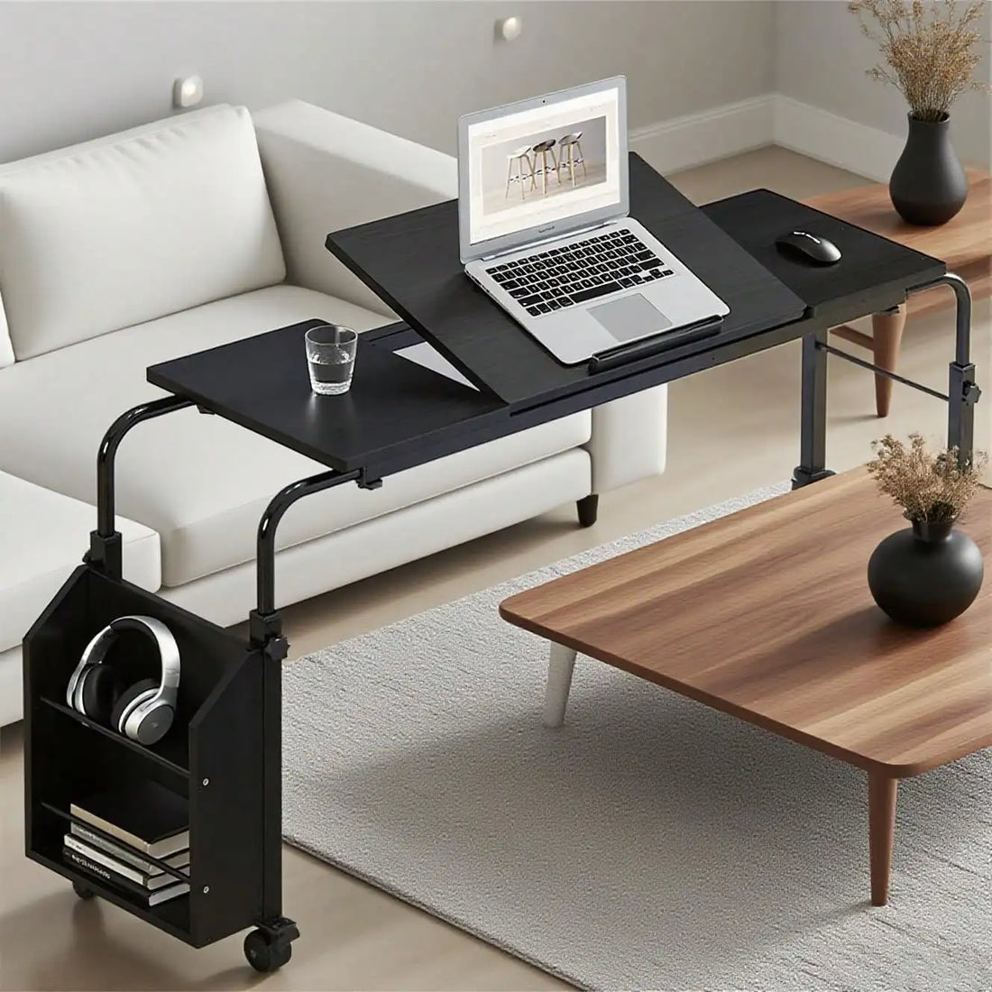 Mteryoing Overbed Table With Wheels, 31.5 In Laptop Desk Cart, Table Over The Bed Table Adjustable Height And Length For Hospita