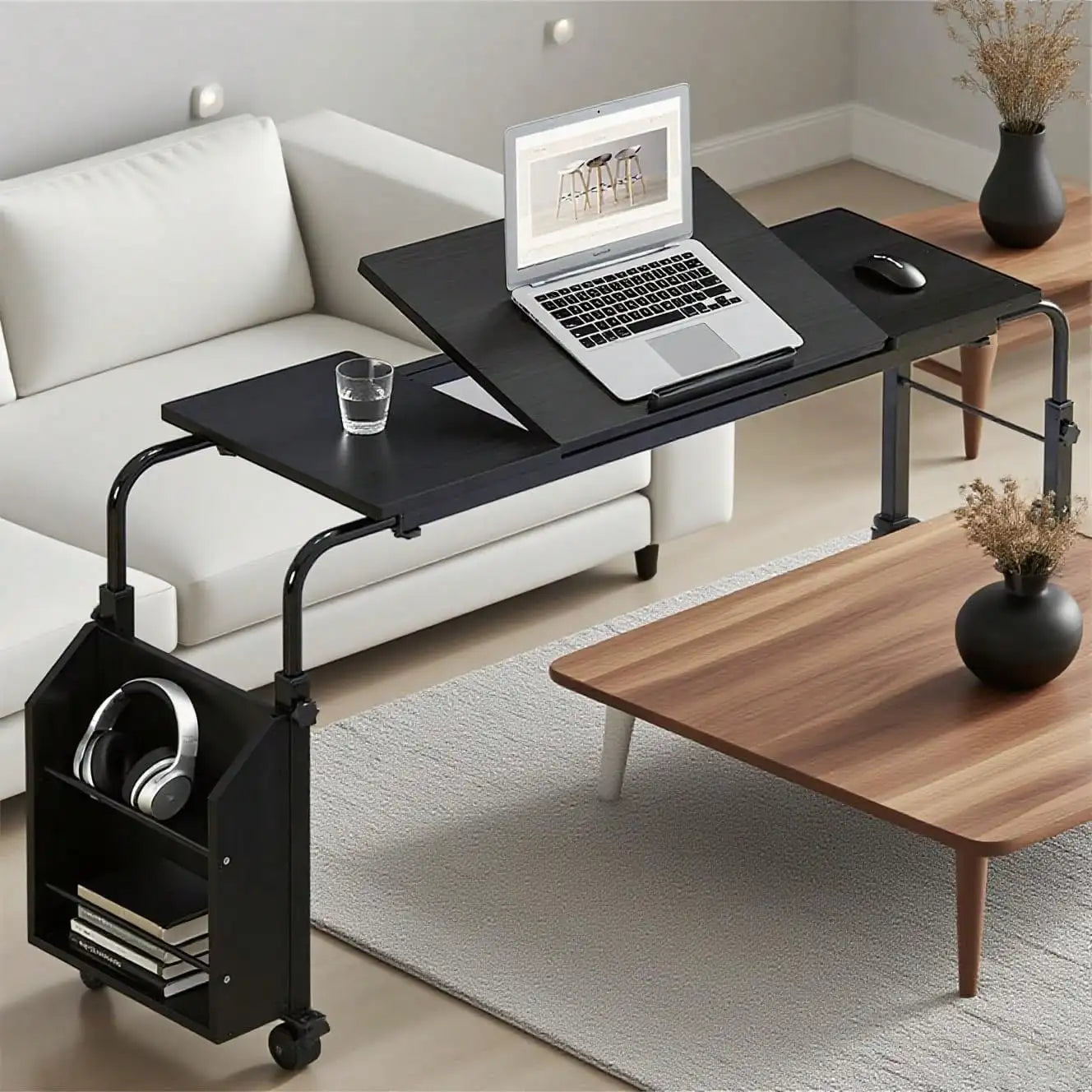 Mteryoing Overbed Table With Wheels, 31.5 In Laptop Desk Cart, Table Over The Bed Table Adjustable Height And Length For Hospita
