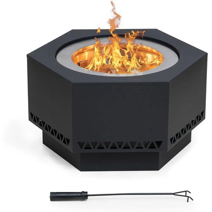 26 Hexagonal Outdoor Wood Burning Fire Pit with Cover and Poker, Smokeless Design, Perfect for Patio and Camping, Black