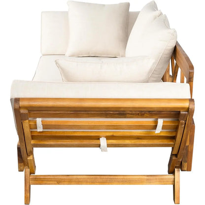 Outdoor Patio Daybed Sofa,3-Seat Sofa with Foldable Arm 4 Back Pillows,Teak Acacia Wood Frame Beige Removable Cushion,Teak+ Bei