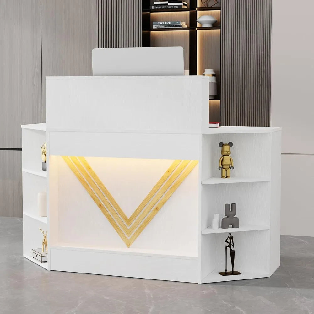Contemporary 39.3 H Reception Desk with LED Lighting, Office Counter Featuring Display Cabinet, Secretary Desk with Integrated P