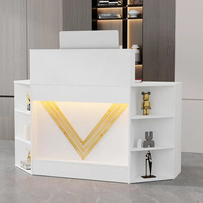 Contemporary 39.3 H Reception Desk with LED Lighting, Office Counter Featuring Display Cabinet, Secretary Desk with Integrated P