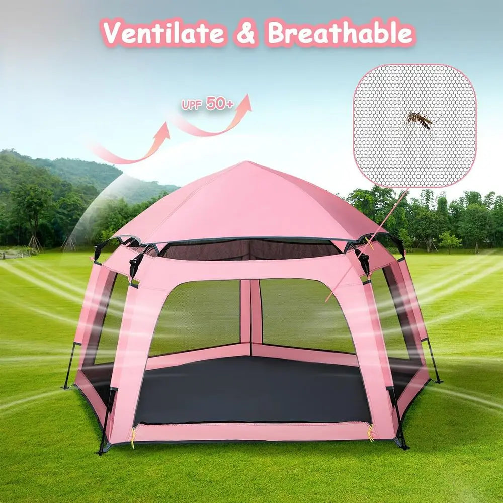 Portable Pink Playpen Tent - Indoor &amp; Outdoor Play Area with Canopy for Beach, Travel, and Toddlers
