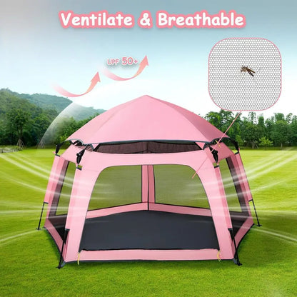 Portable Pink Playpen Tent - Indoor &amp; Outdoor Play Area with Canopy for Beach, Travel, and Toddlers
