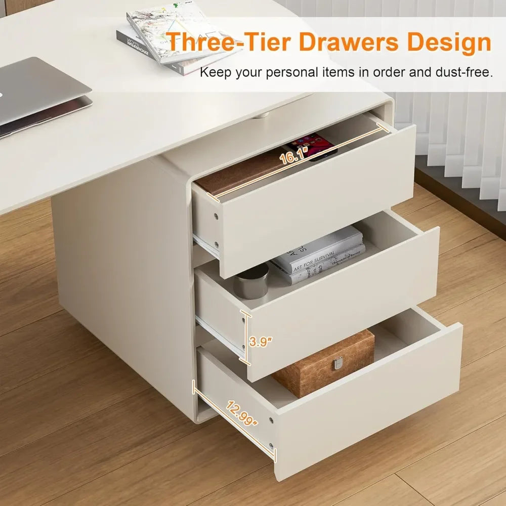 Desk with Drawers, 55inch Home Office White Desk with Drawers and Storage Shelves, Cream White Desk Modern Simple Style
