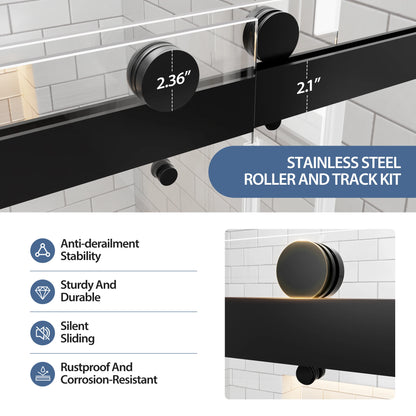 60" x 78"Matte Black Frameless Double Sliding Shower Door, 10mm Clear Tempered Glass with Film, Stainless Steel Handles