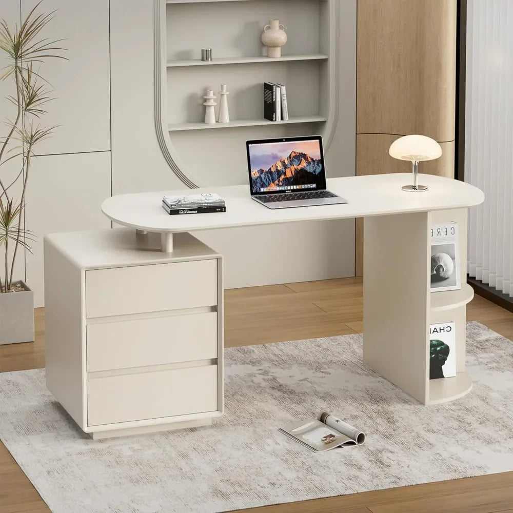 Desk with Drawers, 55inch Home Office White Desk with Drawers and Storage Shelves, Cream White Desk Modern Simple Style