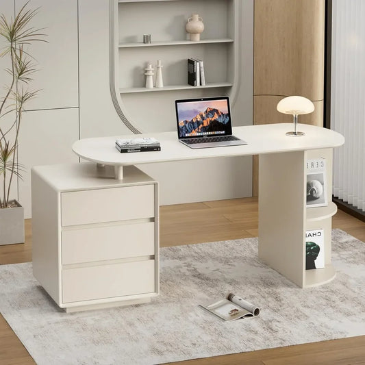 Desk with Drawers, 55inch Home Office White Desk with Drawers and Storage Shelves, Cream White Desk Modern Simple Style