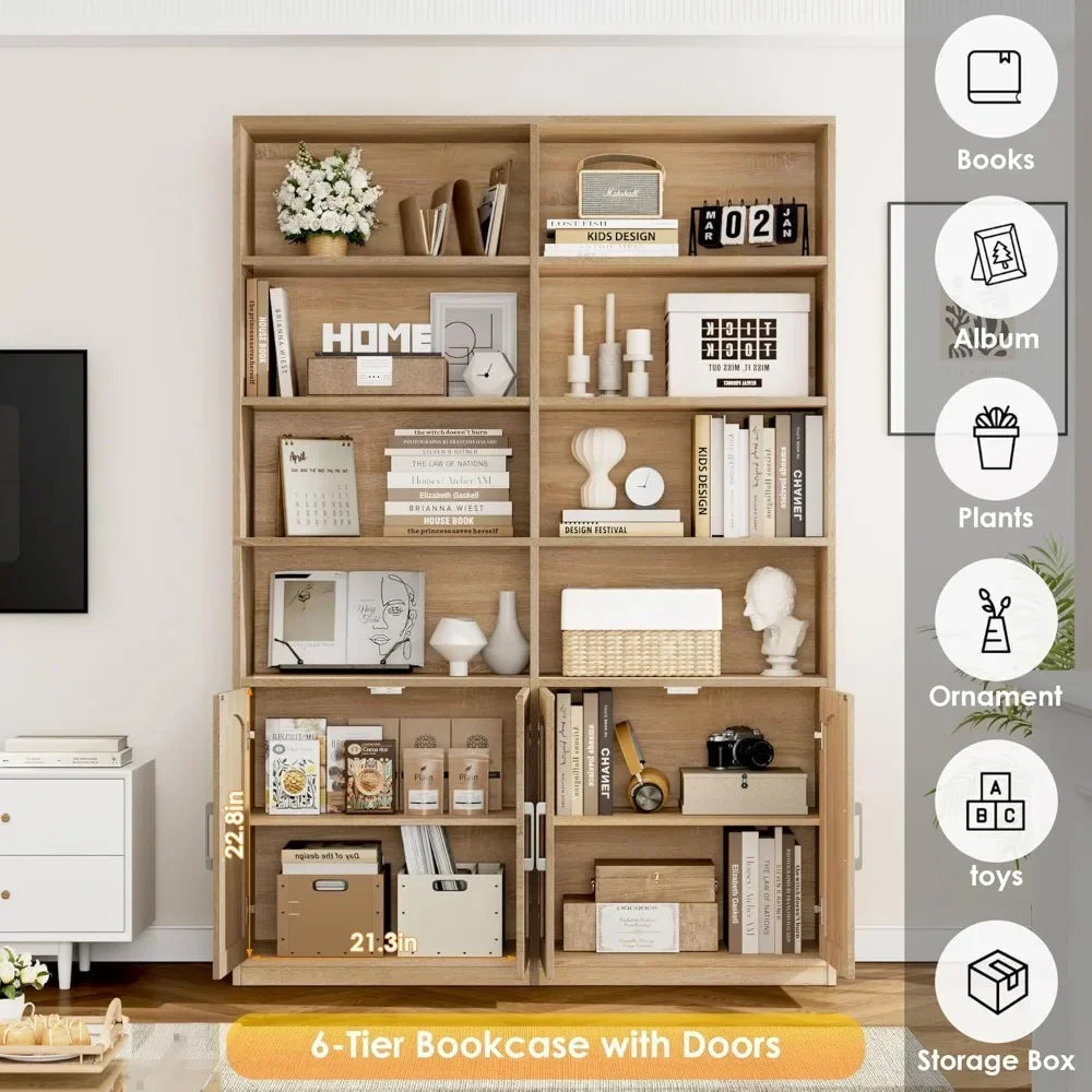 Bestseller6-Tier Double Wide Bookshelf with Doors, 73" Tall Storage Cabinet for Home Office &amp; Living Room