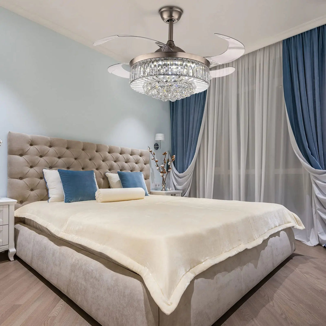 Oukaning Modern Dimmable Crystal Ceiling Fan with Lights Remote Invisible Retractable Chandelier Fandelier Light Led Lighting-Po