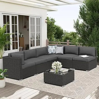 7-Piece Outdoor Patio Furniture Sofa Set Black Rattan Wicker Sectional Conversation Sets with Glass Top Table and Cushions(Red)