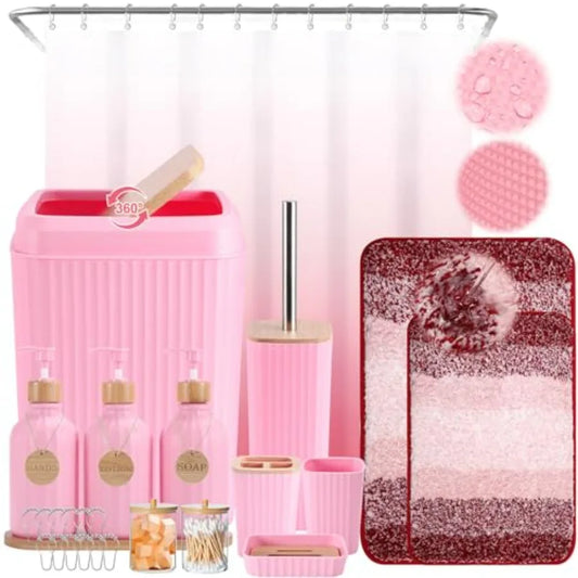 32PCS Pink Bathroom Accessories Set with Shower Curtain Rugs 3PCS Lotion Soap Dispenser 6PCS Wood Tags Bath Accessories with Tr