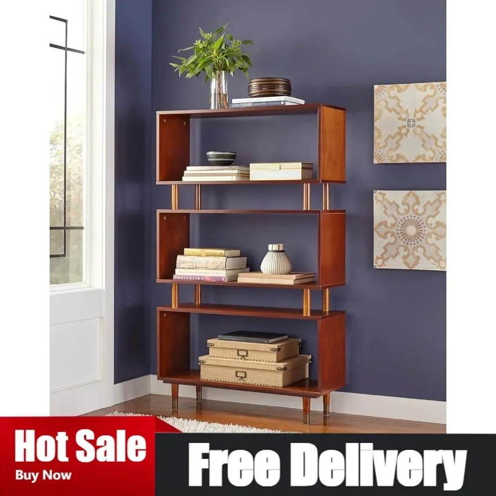 margo 3 tier bookshelf, mid century bookcase for living room, bedroom furniture &amp; home office, solid wood storage shelves with g