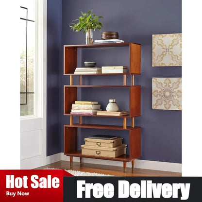margo 3 tier bookshelf, mid century bookcase for living room, bedroom furniture &amp; home office, solid wood storage shelves with g