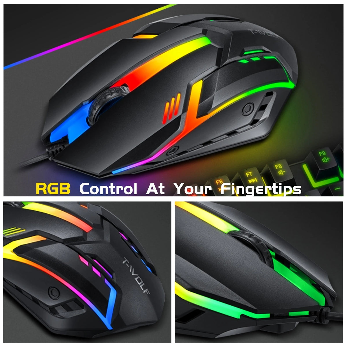 T-WOLF RGB Gaming Keyboard Mouse Headset Mousepad Combo LED Backlit