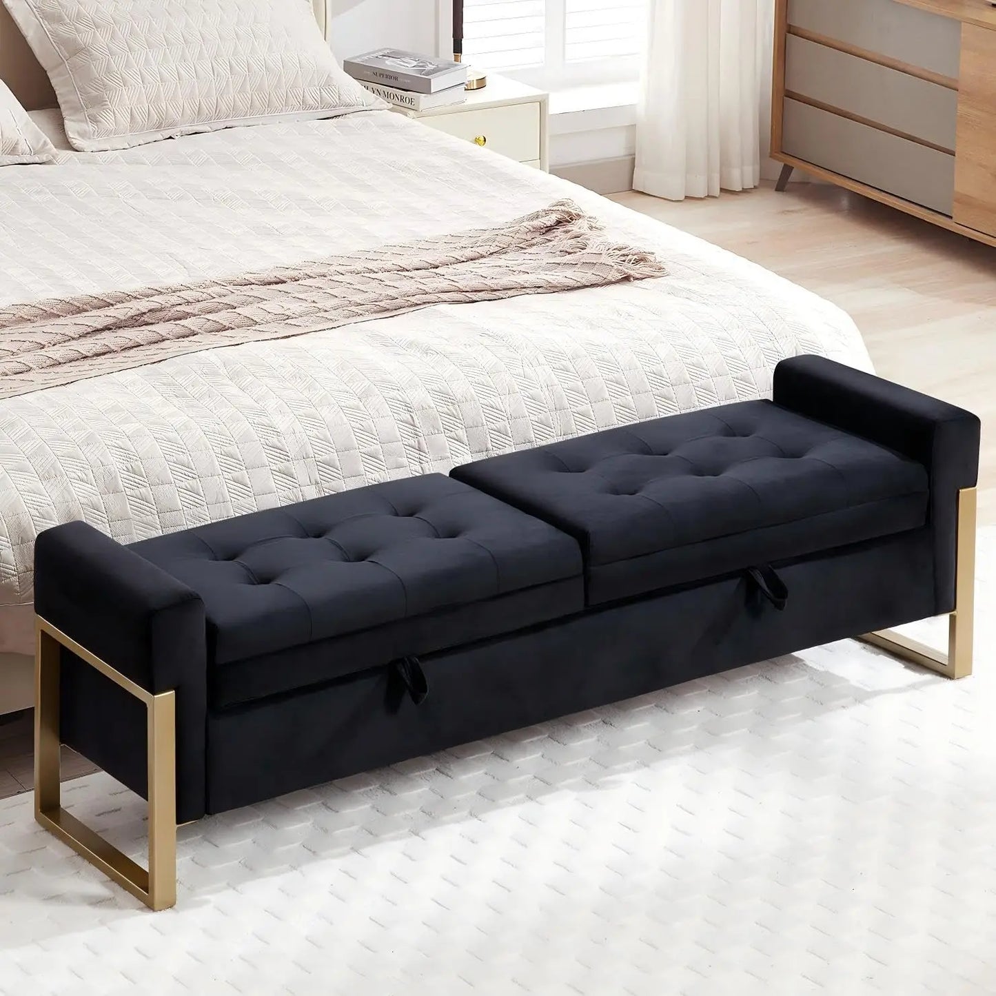 67" Storage Bench for Bedroom End of Bed, Velvet King Size Bed Bench with Double Lids and Gold Legs, Storage Ottoman Bench with