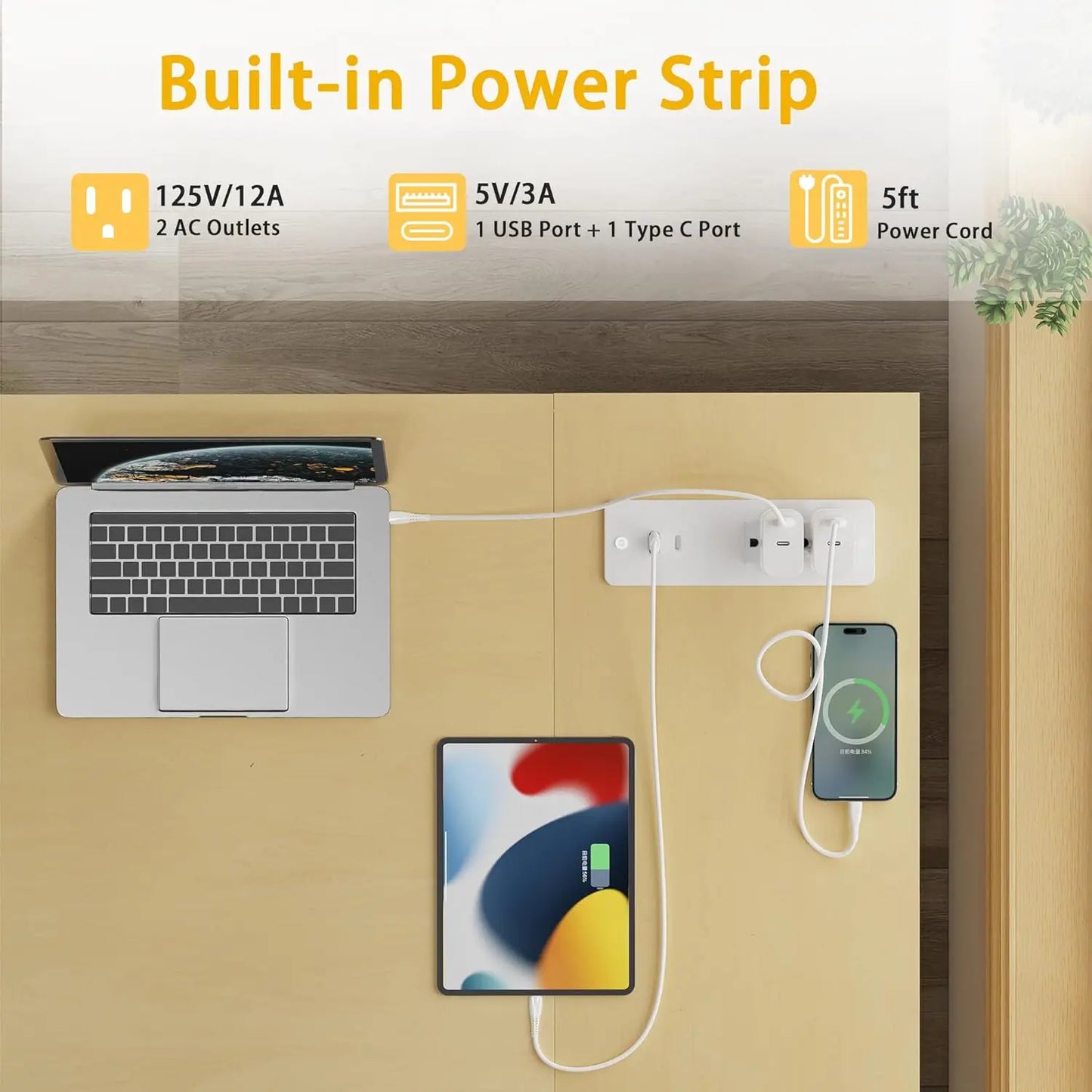 L-Shaped Computer Desk With Power Outlets And Reversible Shelves