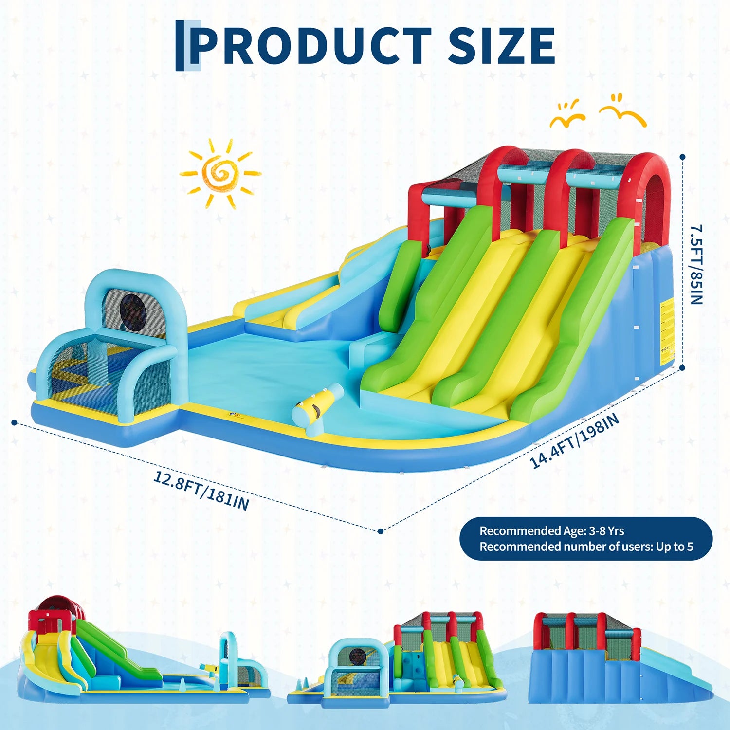 Indoor Outdoor Inflatable Bounce Castle w/3 Water Slides, Oxford Bounce Play Center for Kids Kindergarten Backyard Water  Sports