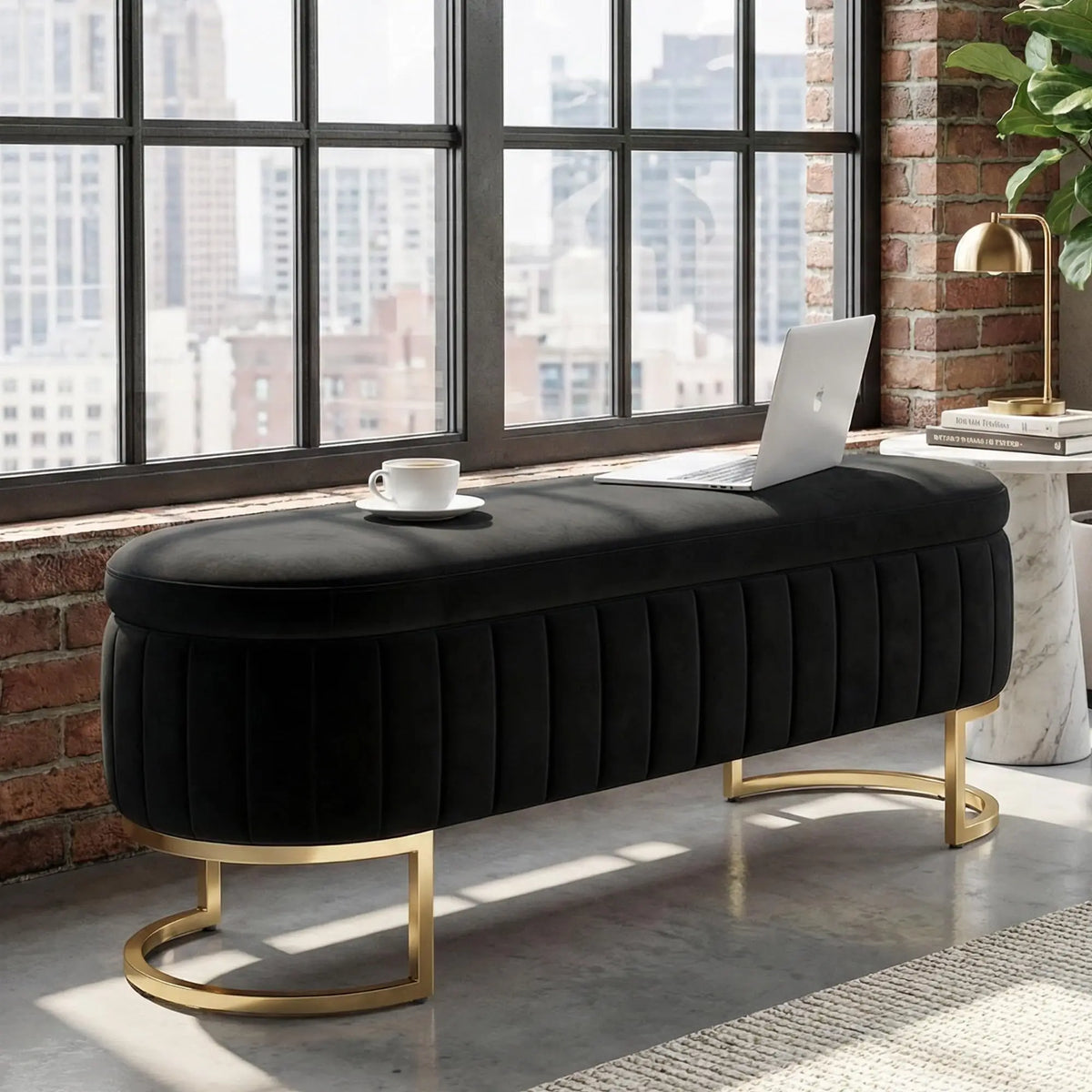 51in Velvet Tufted Storage Ottoman Bench with Flip-Top Lid and Gold Metal Legs