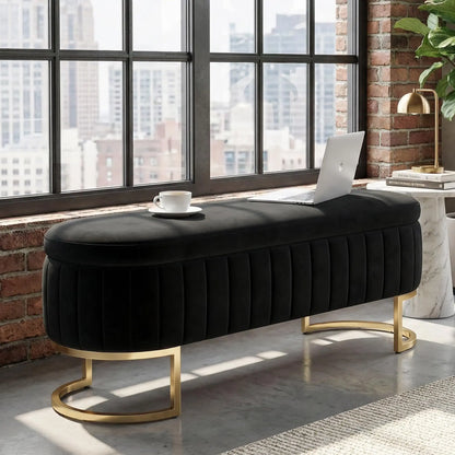 51in Velvet Tufted Storage Ottoman Bench with Flip-Top Lid and Gold Metal Legs