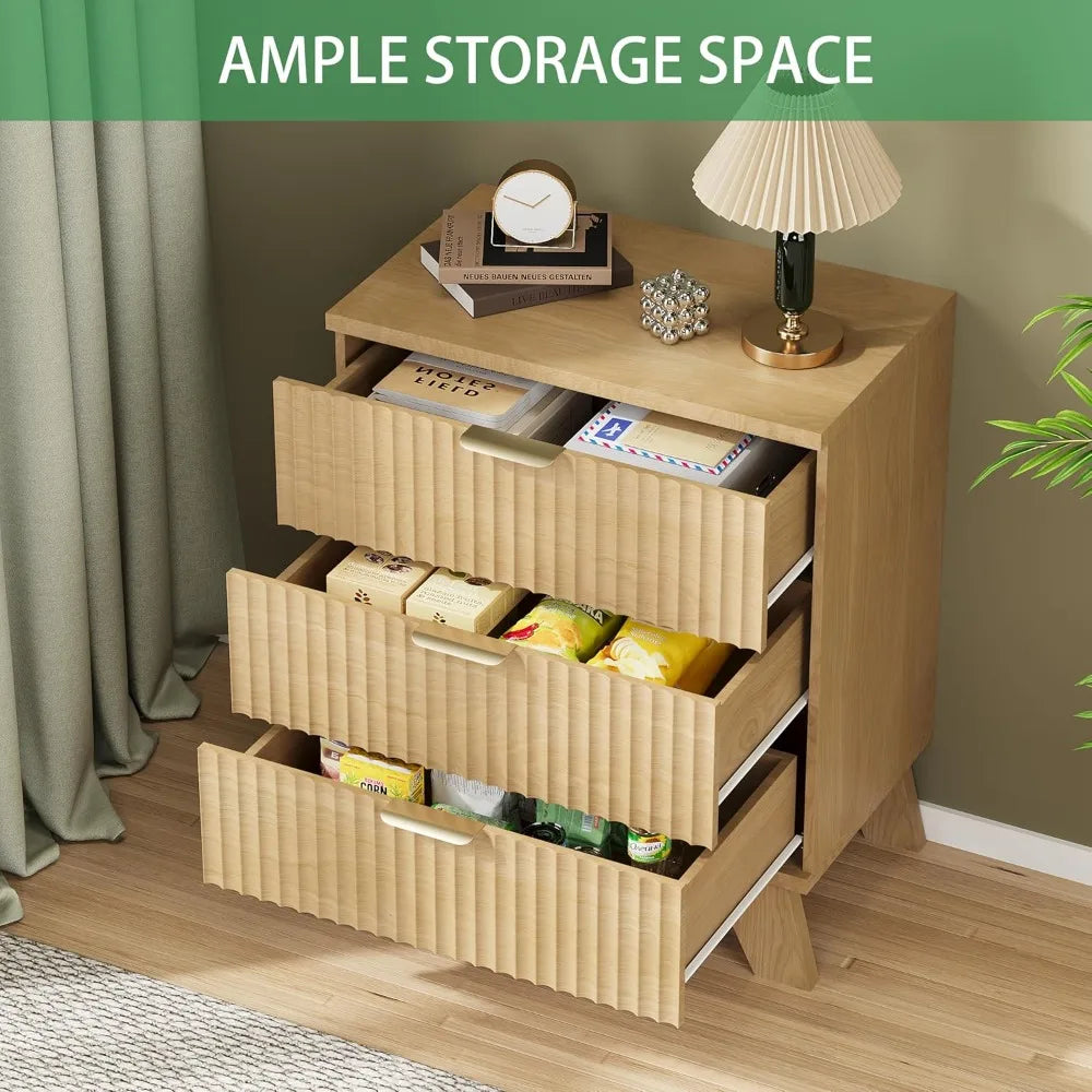 Zhuxiang Fluted Nightstand Modern 3-Drawer Wood Night Table