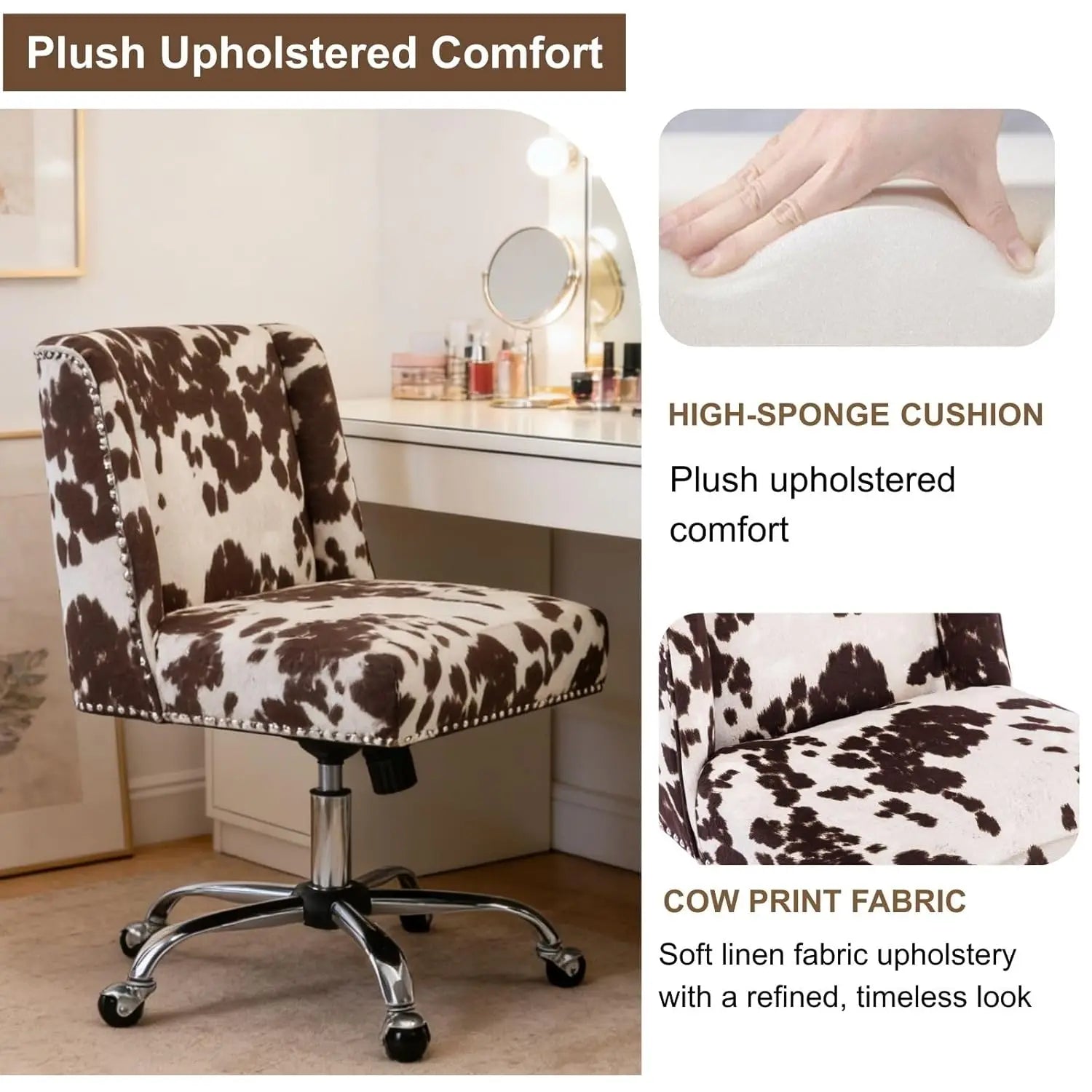 Cow Print Adjustable Swivel Fabric Office Chair Armless Upholstered Accent for Home Office Living Room Bedroom, Customized