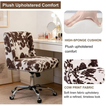 Cow Print Adjustable Swivel Fabric Office Chair Armless Upholstered Accent for Home Office Living Room Bedroom, Customized