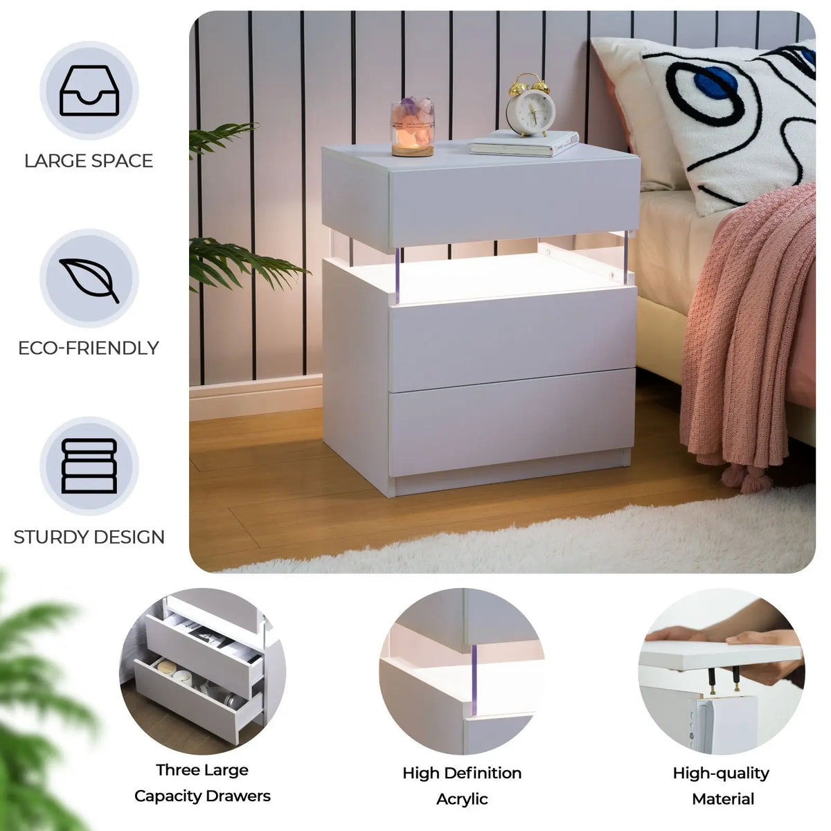 Cubehom LED Bedside Tables with Three Drawers for Bedroom