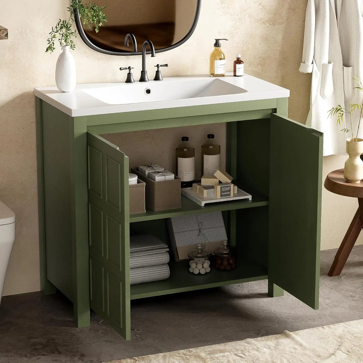 36in Free Standing Bathroom Vanity with Sink Wooden Cabinet Adjustable Shelf Ceramic Basin for Home, Customized