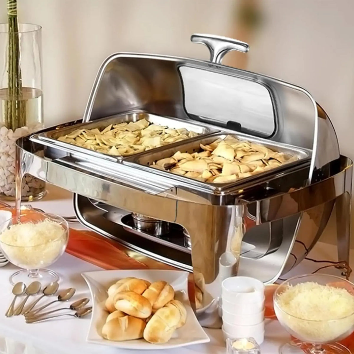 Roll Top Chafing Dish Buffet Set,9 Qt Stainless Steel Food Warmer with Viewing Lid, Rectangular Chafing Dish for Party &amp; Buffet