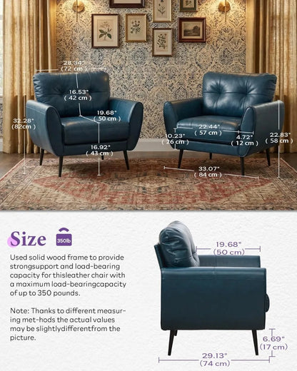 Accent Chairs Set of 2, Comfy Modern Living Room Blue Faux Leather Tufted Mid Century Arm Chair for Office Bedroom