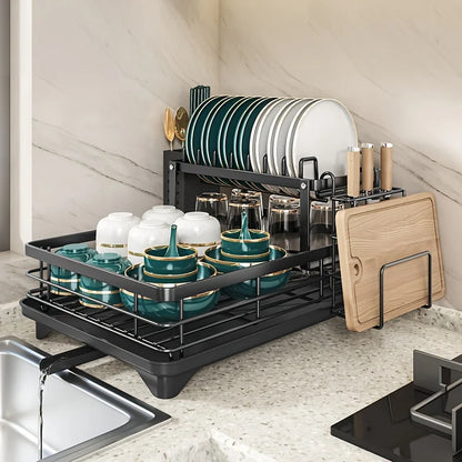 2-Tier Expandable Dish Drying Rack, Metal Kitchen Dish Rack and Drainboard Set with Knife Fork Holder &amp; Cutting Board Organizer for Countertop