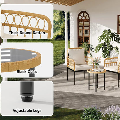 3-Piece All-Weather Boho Wicker Rattan Patio Furniture Set with Sectional Sofa, Metal Frame, and Detachable Cushions - Ideal for Patio, Balcony, Backyard, Deck, and Poolside in Beige