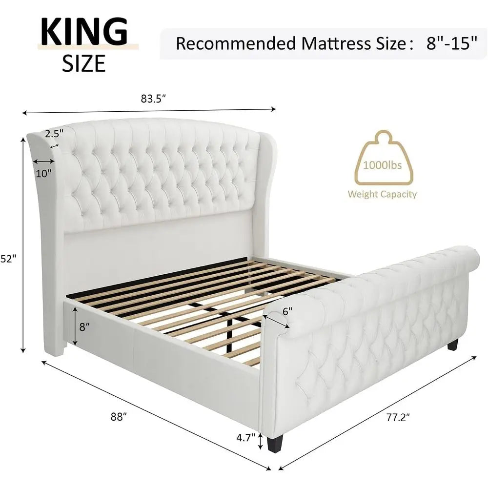 AMERLIE King Size Platorm Bed e, Chenille Upholstered Sleigh Bed with Scroll Wingback board &amp; ootboard/Button Tuted/No Box Sprin