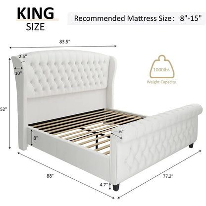 AMERLIE King Size Platorm Bed e, Chenille Upholstered Sleigh Bed with Scroll Wingback board &amp; ootboard/Button Tuted/No Box Sprin