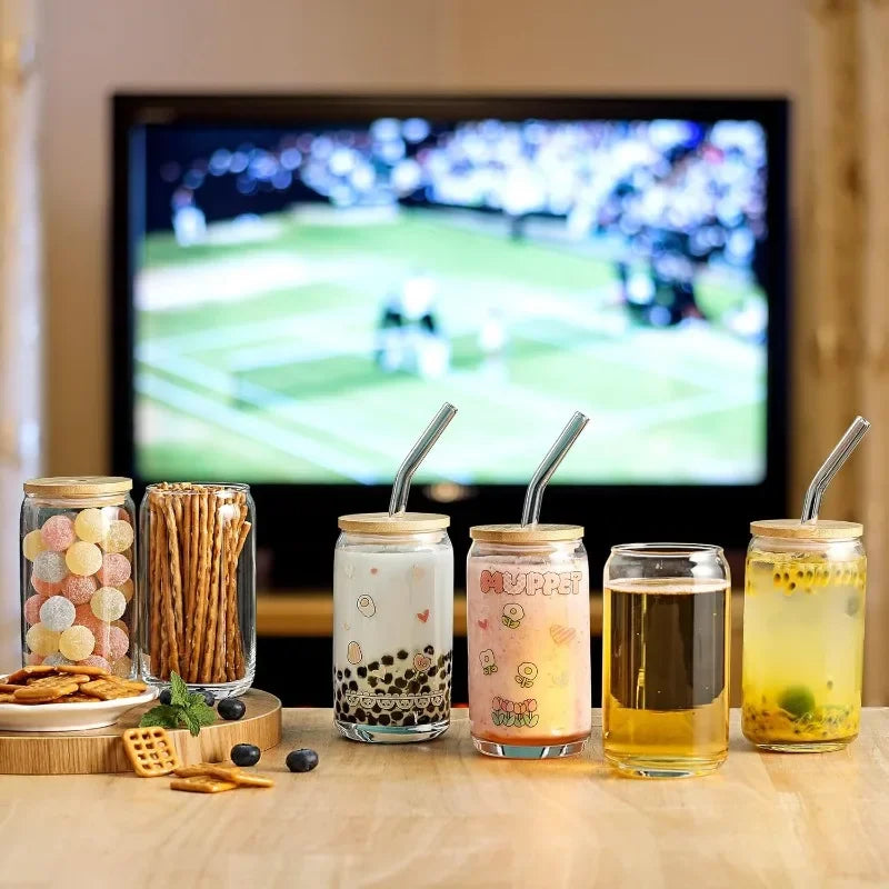 HOT [ 20pcs Set ] Glass Cups with Bamboo Lids and Glass Straw - Beer Shaped 16 oz Iced Coffee Drinking Glasses, Cute Tumbler
