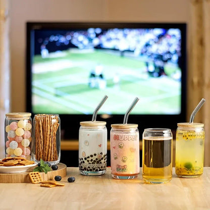 HOT [ 20pcs Set ] Glass Cups with Bamboo Lids and Glass Straw - Beer Shaped 16 oz Iced Coffee Drinking Glasses, Cute Tumbler