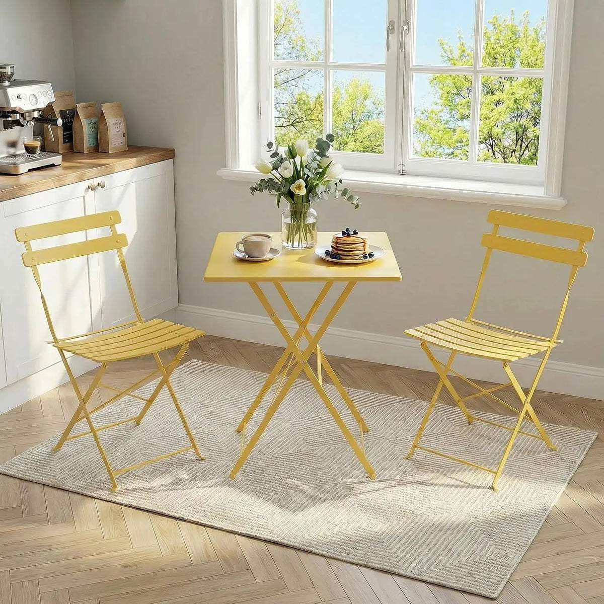 Space-Saving Collapsible Metal Bistro Set, 3-Piece Patio Table and 2 Chairs, Weather-Resistant, No Assembly, Compact for Balcony, Porch, Deck, Garden, Indoor, Outdoor