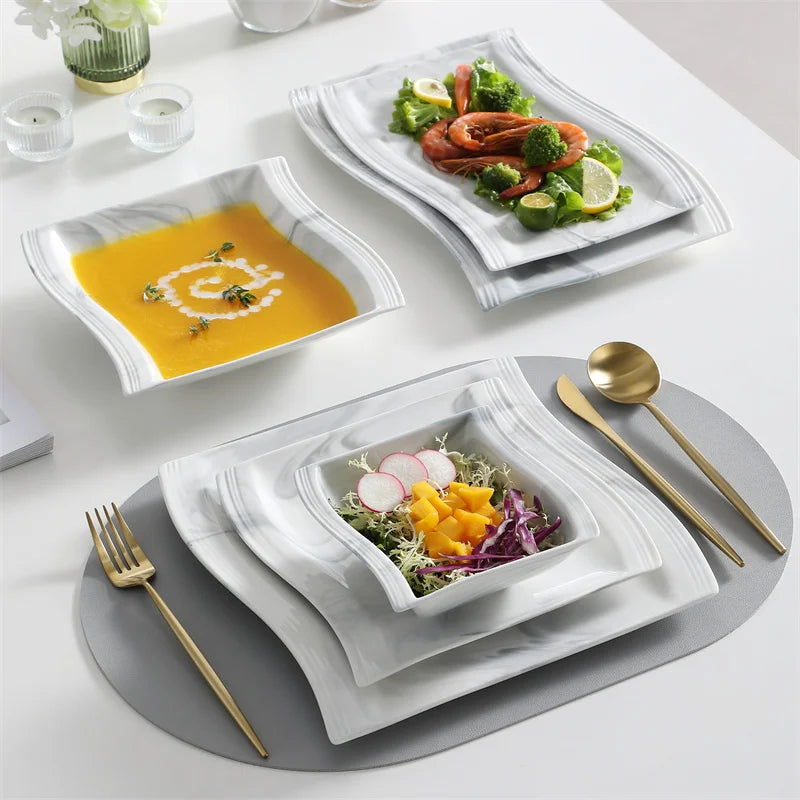 26Pcs Nordic Marble Pattern Porcelain Plates and Bowls Square Dinnerware Set Ceramic Dinner Plates Dishes Dessert Soup Plates