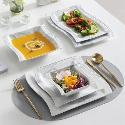 26Pcs Nordic Marble Pattern Porcelain Plates and Bowls Square Dinnerware Set Ceramic Dinner Plates Dishes Dessert Soup Plates