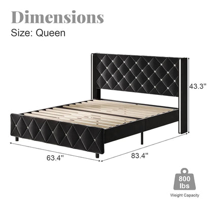 Queen Bed Frame with Headboard, Velvet Upholstered Bed with Wingback and Diamond Tufted Design, Wood Slat Support,, Customized