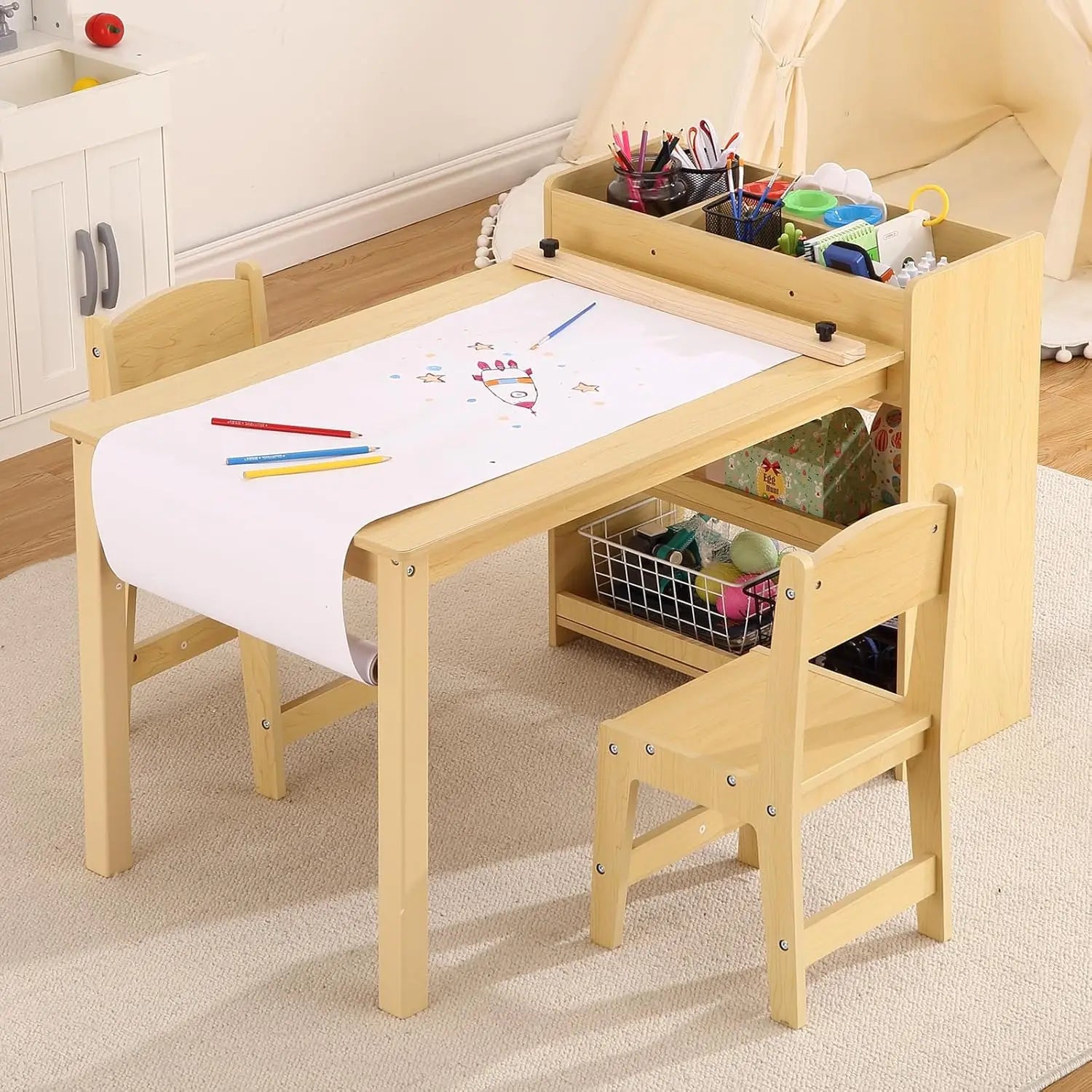 Kids Art Table with 2 Chairs, Toddler Craft Play Wood Activity Desk with Large Storage Shelves for Children&