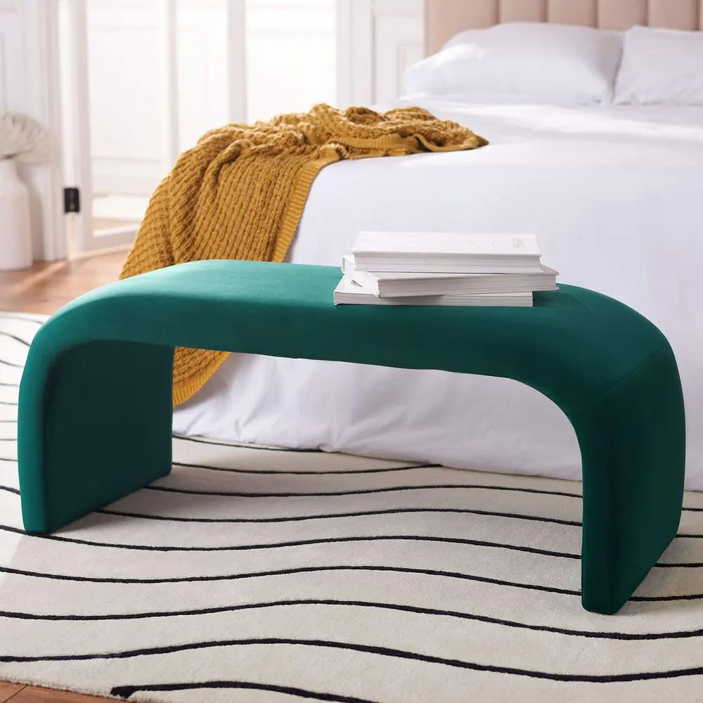 Home Collection Tenko Emerald Green Curved Upholstered Accent Bench, Modern Minimalist Seating for Bedroom, Entryway or Living