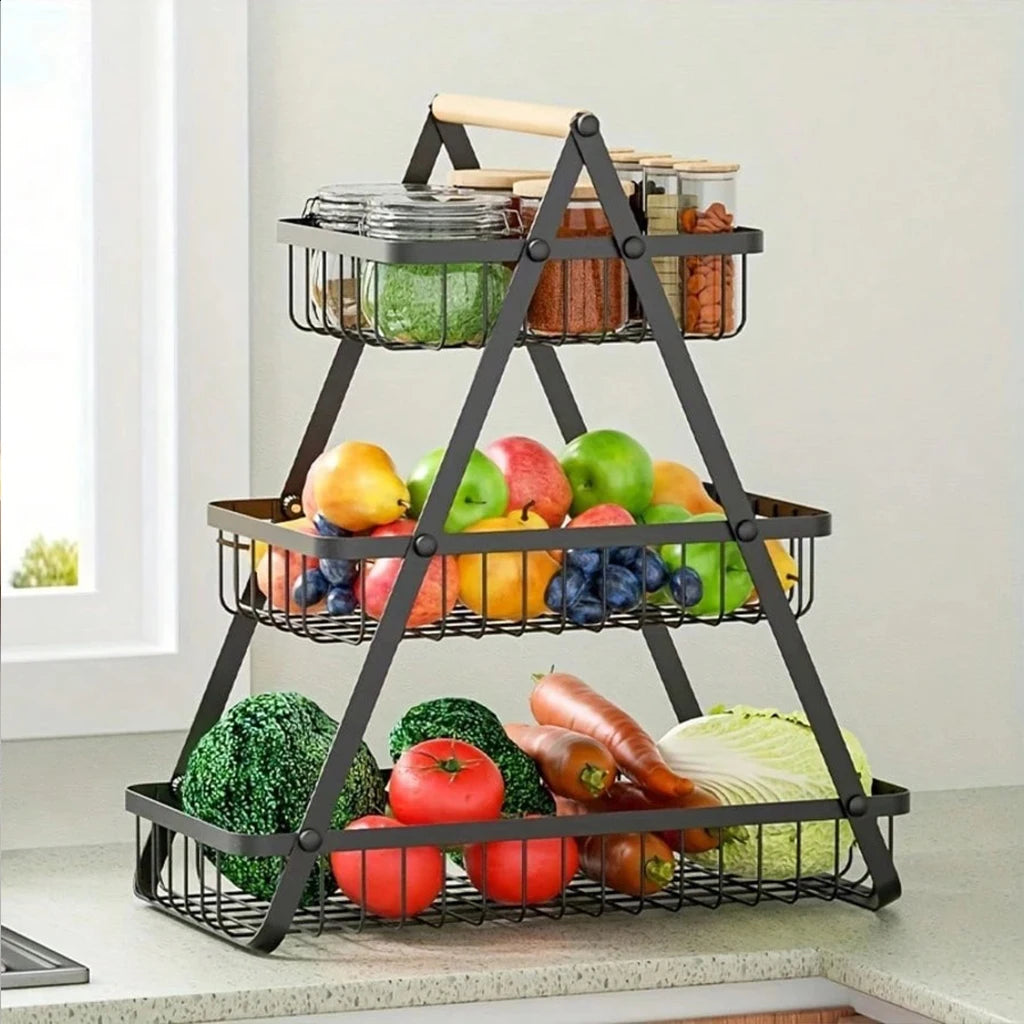 3-Tier Foldable Metal Fruit &amp; Vegetable Storage Rack with Wooden Handle - Kitchen Countertop Organizer Basket for Bread, Produce, Pantry Organization