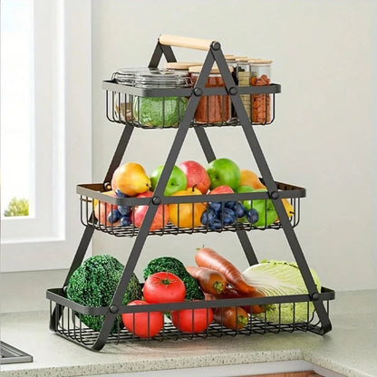 3-Tier Foldable Metal Fruit &amp; Vegetable Storage Rack with Wooden Handle - Kitchen Countertop Organizer Basket for Bread, Produce, Pantry Organization